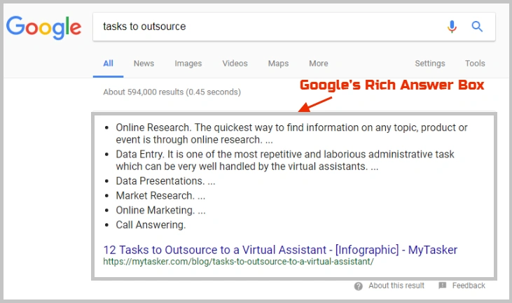Google rich answer box overview for SEO interview
